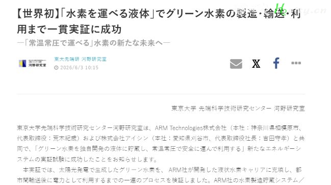 【世界首创】利用“载氢液体”成功演示了从生产到运输和利用绿氢的整个过程